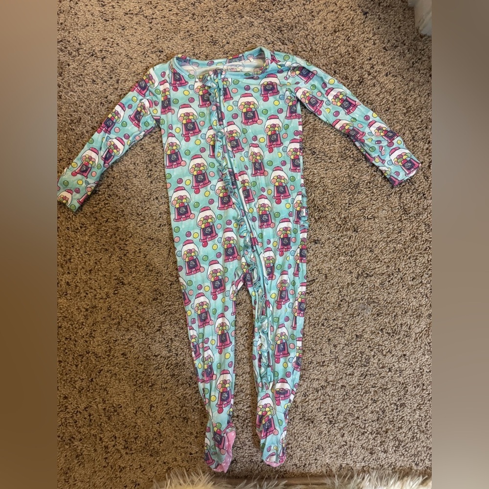 Posh Peanut Aqua and Pink Gumball Ruffle Print Footie
